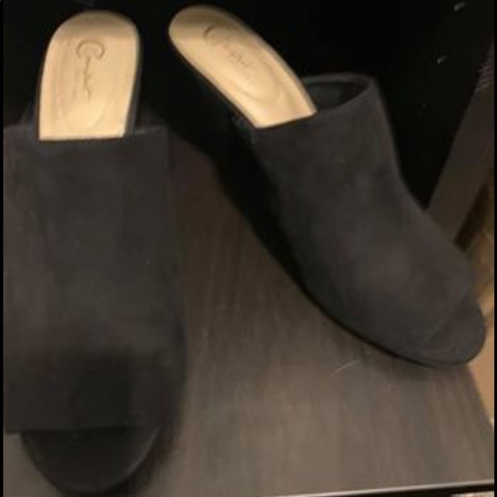 Black slip on open heel and toe heels
